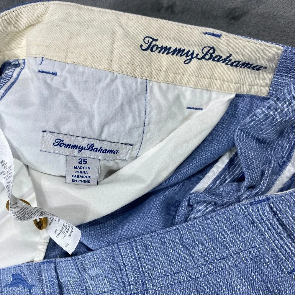 Tommy Bahama Relax Mens 35 Striped Shorts 100% Linen Blue White Ticking Stripe